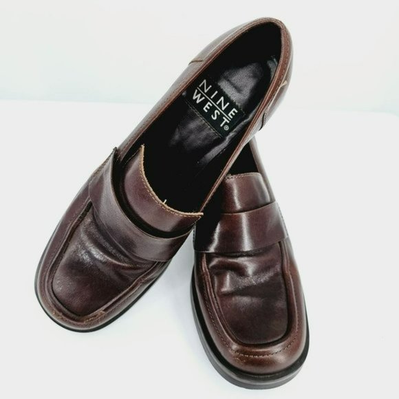 Nine West Franke2 90s Chunky Penny Loafers 6.5 M Chocolate Brown Leather Stacked - Picture 12 of 13
